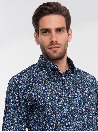 Modrá pánská vzorovaná slim fit košile Ombre Clothing