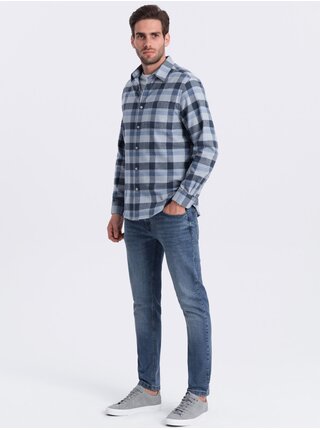Modro-šedá pánská kostkovaná flanelová košile Ombre Clothing