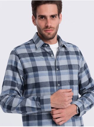 Modro-šedá pánská kostkovaná flanelová košile Ombre Clothing