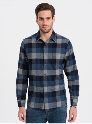 Modrá pánská kostkovaná flanelová košile Ombre Clothing
