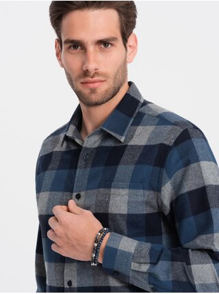 Modrá pánská kostkovaná flanelová košile Ombre Clothing
