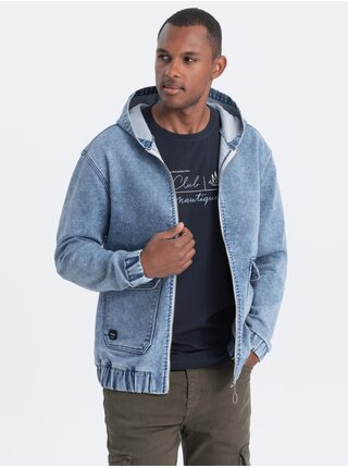 Světle modrá pánská džínová bunda s kapucí Ombre Clothing