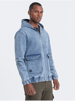 Světle modrá pánská džínová bunda s kapucí Ombre Clothing