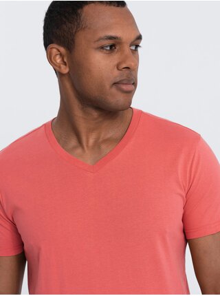 Korálové pánské basic tričko s véčkovým výstřihem Ombre Clothing