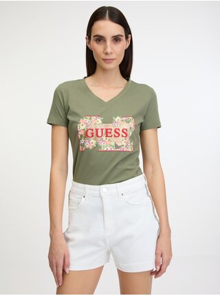 Khaki dámske tričko Guess Logo Flowers