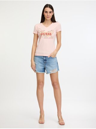 Svetloružové dámske tričko Guess Logo Flowers