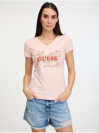 Světle růžové dámské tričko Guess Logo Flowers