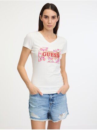 Krémové dámske tričko Guess Logo Flowers