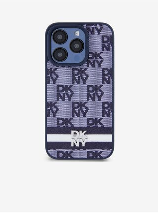 PU Leather Checkered Pattern and Stripe Zadní Kryt pro iPhone 15 Pro Blue DKNY