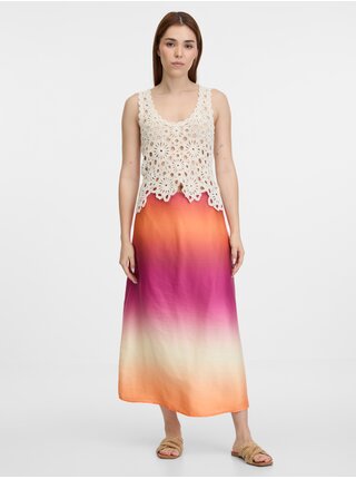 Růžovo-oranžová dámská saténová maxi sukně 