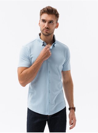 Světle modréá pánská úpletová košile s krátkým rukávem Ombre Clothing