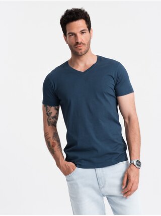 Modré pánské bavlněné basic tričko s výstřihem Ombre Clothing