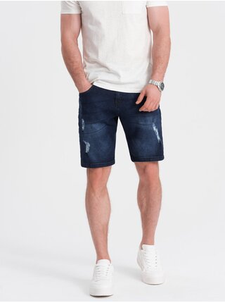 Tmavě modré pánské džínové kraťasy s dírami Ombre Clothing
