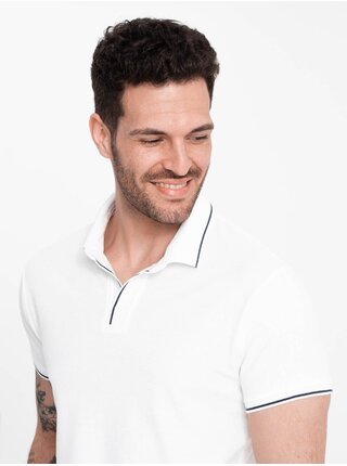 Bílé pánské polo tričko bez knoflíků Ombre Clothing