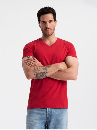 Červené pánské bavlněné basic tričko s výstřihem Ombre Clothing