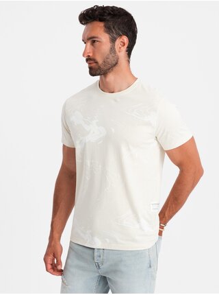 Krémové pánské vzorované tričko Ombre Clothing