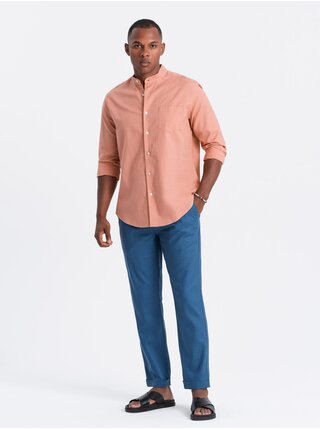 Modré pánské chino kalhoty s příměsí lnu Ombre Clothing