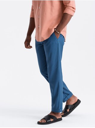 Modré pánské chino kalhoty s příměsí lnu Ombre Clothing
