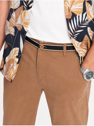 Hnědé pánské chino kalhoty s ozdobným páskem Ombre Clothing