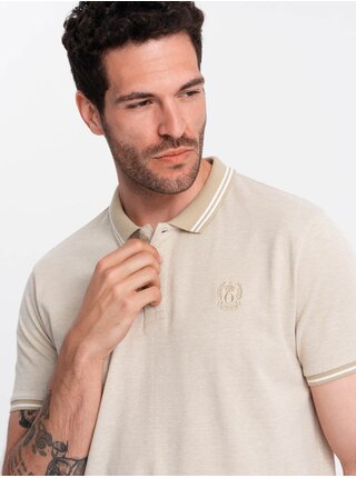 Béžové pánské žíhané polo tričko Ombre Clothing
