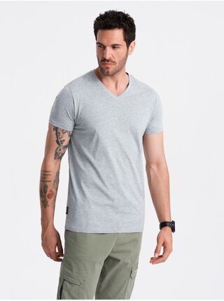 Šedé pánské bavlněné basic tričko s výstřihem Ombre Clothing