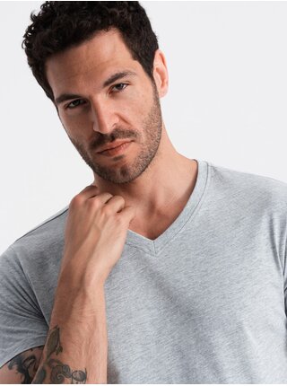 Šedé pánské bavlněné basic tričko s výstřihem Ombre Clothing