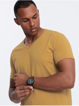 Pánské klasické bavlněné tričko BASIC s výstřihem - hořčicové V8 OM-TSBS-0145 Ombre Clothing