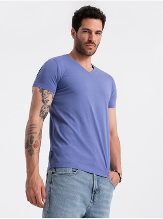 Bavlněné klasické pánské tričko BASIC s výstřihem do V - fialové V12 OM-TSBS-0145 Ombre Clothing