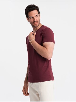 Bavlněné klasické pánské tričko BASIC s výstřihem do V - bordó V10 OM-TSBS-0145 Ombre Clothing