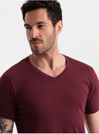 Bavlněné klasické pánské tričko BASIC s výstřihem do V - bordó V10 OM-TSBS-0145 Ombre Clothing