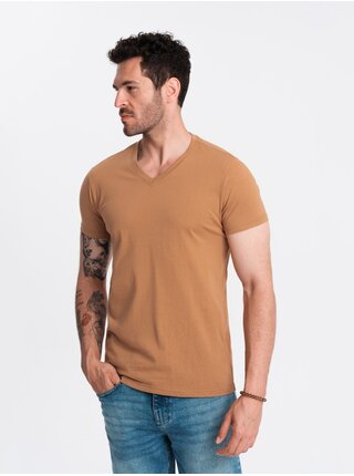 Pánské klasické bavlněné tričko BASIC s výstřihem do V - hnědé V9 OM-TSBS-0145 Ombre Clothing
