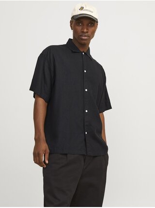ČERNÁ pánská lněná košile s krátkým rukávem Jack & Jones Faro
