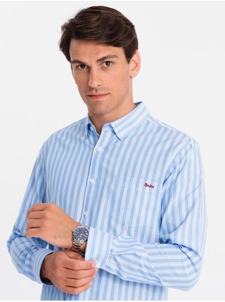 Pánská bílá pruhovaná košile REGULAR FIT s kapsou  Ombre Clothing