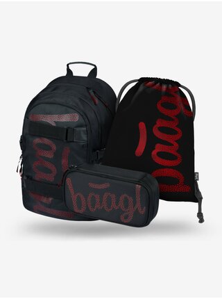 Černý školní set - batoh, penál, sáček Baagl Skate Red
