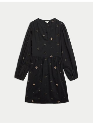 Zdobené mini šaty z čisté bavlny se zvýrazněným pasem Marks & Spencer černá