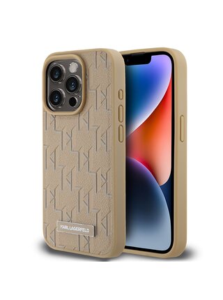 PU Leather Monogram Metal Logo MagSafe Zadní Kryt pro iPhone 14 Pro Max Beige Karl Lagerfeld
