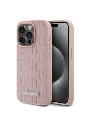 PU Leather Monogram Metal Logo Magsafe Zadní Kryt pro iPhone 15 Pro Max Pink Karl Lagerfeld