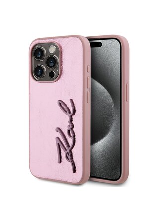 Wrinkled PU Signature Logo Zadní Kryt pro iPhone 15 Pro Max Pink Karl Lagerfeld