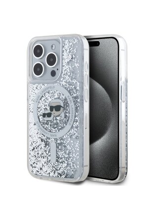Karl Lagerfeld Liquid Glitter Karl and Choupette Heads MagSafe Zadní Kryt pro iPhone 15 Pro Transparent