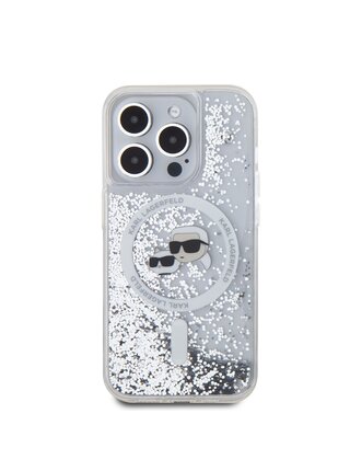 Karl Lagerfeld Liquid Glitter Karl and Choupette Heads MagSafe Zadní Kryt pro iPhone 15 Pro Transparent