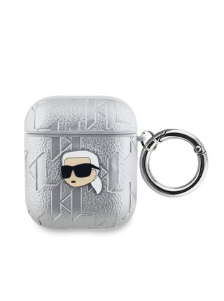 Karl Lagerfeld PU Embossed Karl Head Pouzdro pro AirPods 1/2 Silver