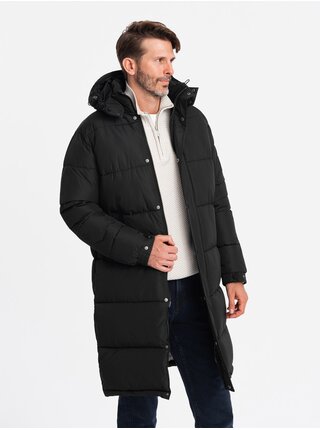 Pánska prešívaná dlhá bunda s odopínacou kapucňou Ombre Clothing