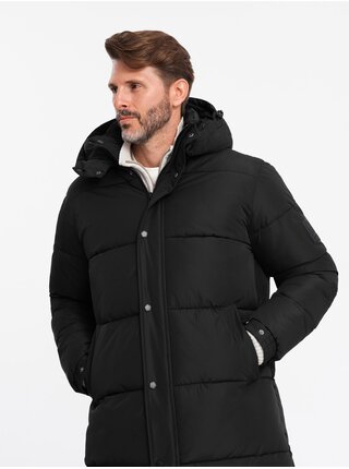 Pánska prešívaná dlhá bunda s odopínacou kapucňou Ombre Clothing