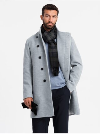 Pánsky kabát s vysokým golierom a asymetrickým zapínaním sivý melír Ombre Clothing