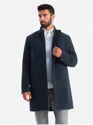 Pánsky kabát s asymetrickým zapínaním a vysokým golierom tmavomodrý Ombre Clothing