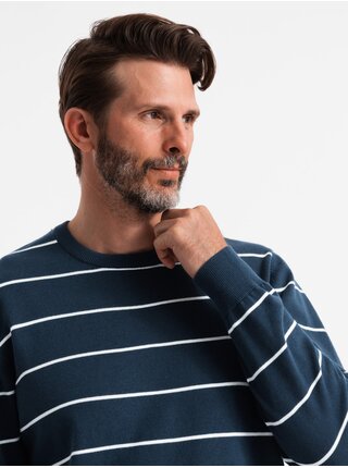 Pánský ležérní svetr s vodorovnými pruhy tmavě modrý Ombre Clothing