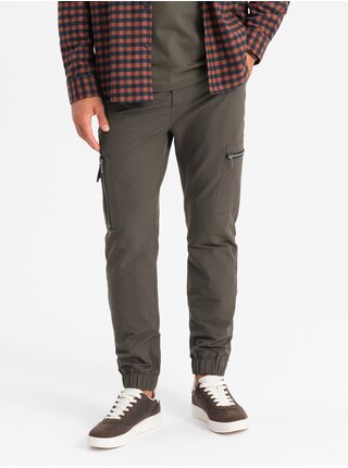 Pánské kalhoty jogger s kapsami a potiskem tmavě olivově zelené Ombre Clothing