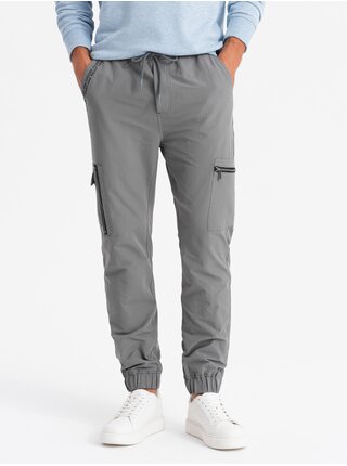 Pánske nohavice jogger s vreckami a potlačou šedej Ombre Clothing