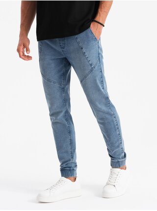 Pánské džínové tepláky s asymetrickým prošíváním modré Ombre Clothing