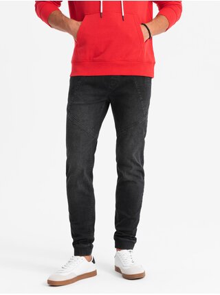 Pánske džínsové tepláky s asymetrickým prešívaním čiernej Ombre Clothing
